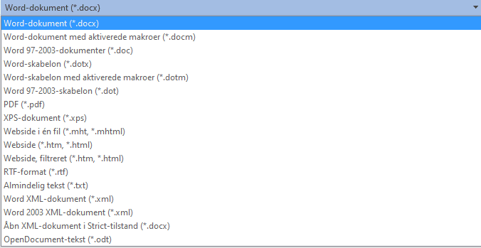 Muligheder for 'Gem som' i Word