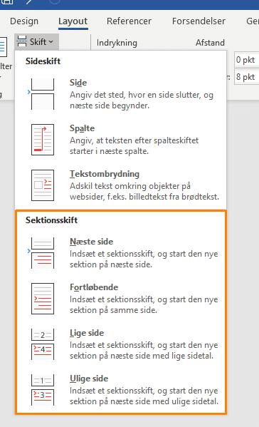 Muligheder for sektionsskift i Word Muligheder for sektionsskift i Word
