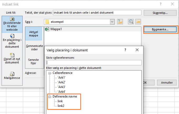 Eksempel på link til placering i en anden projektmappe
