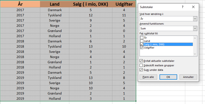 Eksempel på anden subtotal