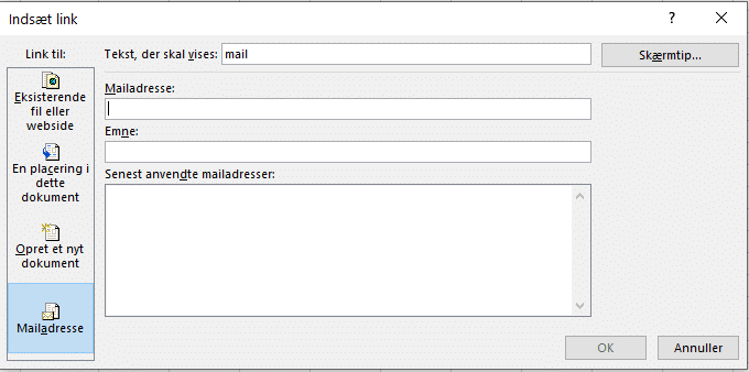 Eksempel på link til tom email