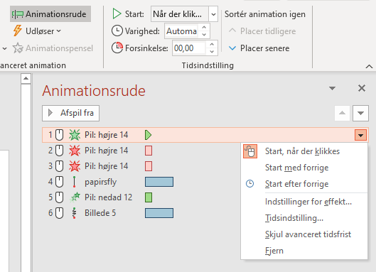 indstillinger på animationerne Eksempel på indstillinger på animationerne