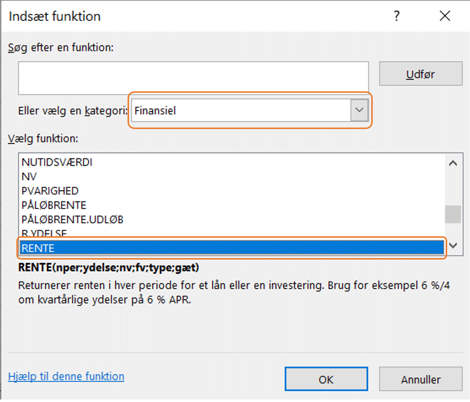 Eksempel på 'Indsæt funktion' - RENTE