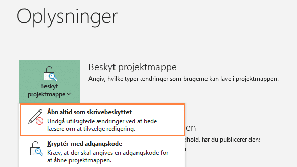 Eksempel på 'Beskyt projektmappe' i Excel