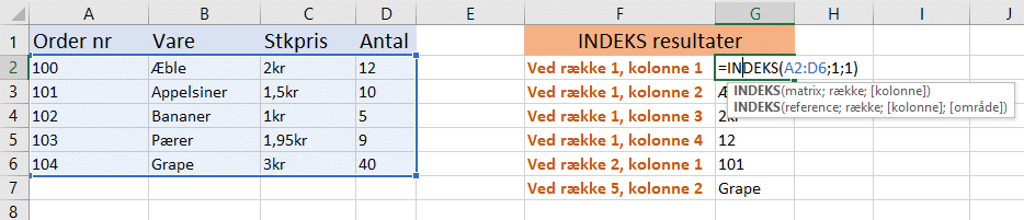 Indeks eksempel med vist formel Formeleksempel INDEKS matrixformat