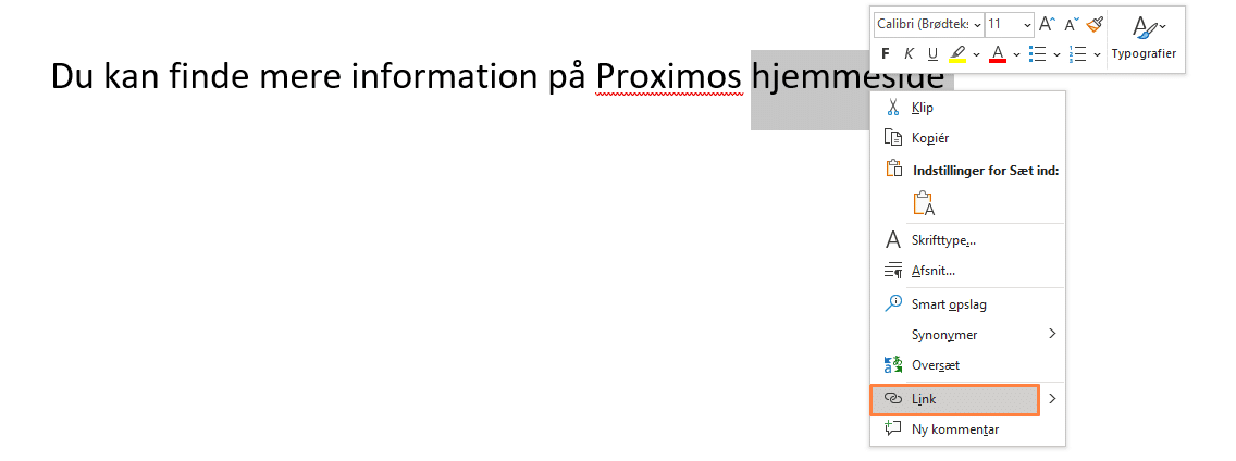 Eksempel på 'Link' i genvejsmenu