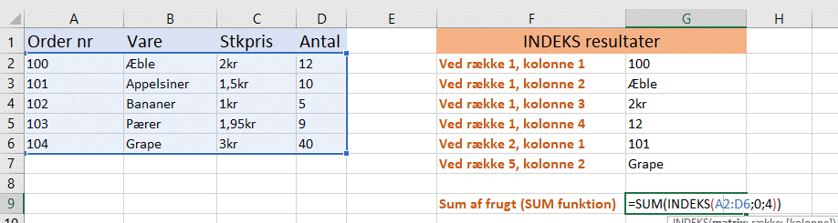 Sum udregning af indeks Formeleksempel INDEKS og SUM