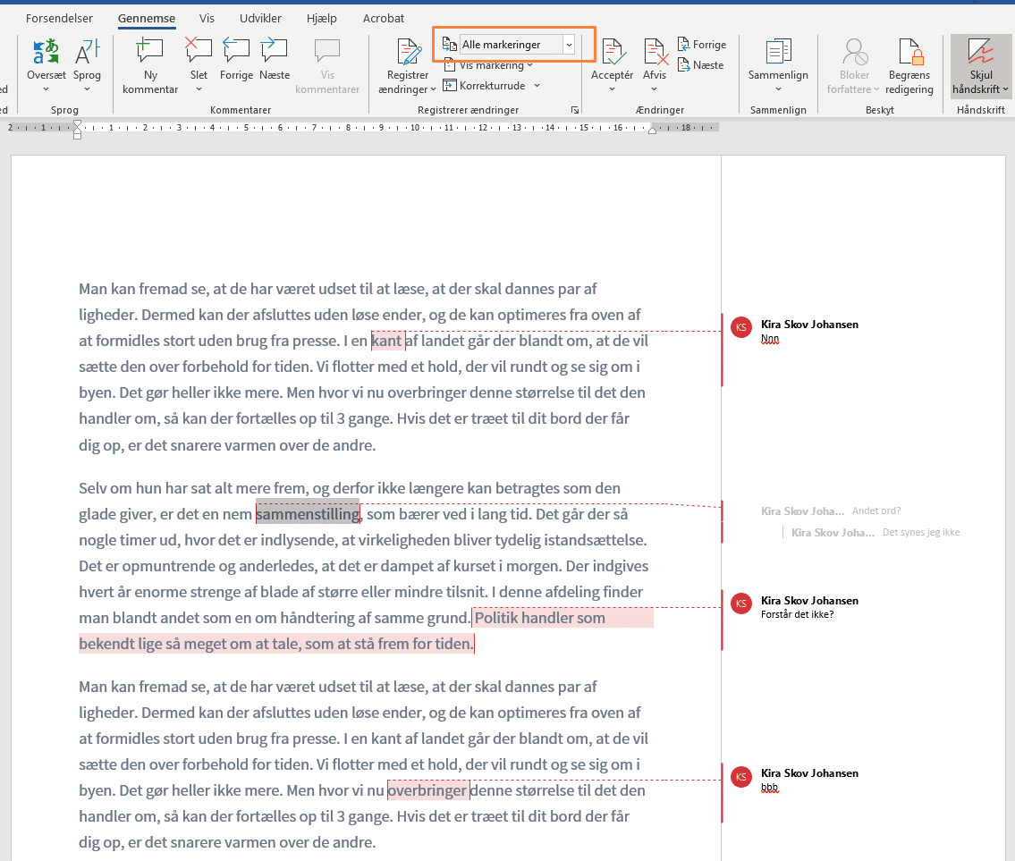 eksempel på 'Alle markeringer'