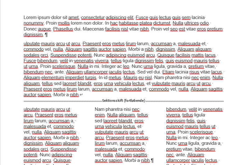 Eksempel på sletning af sektionsskift i Word Eksempel på sletning af sektionsskift i Word