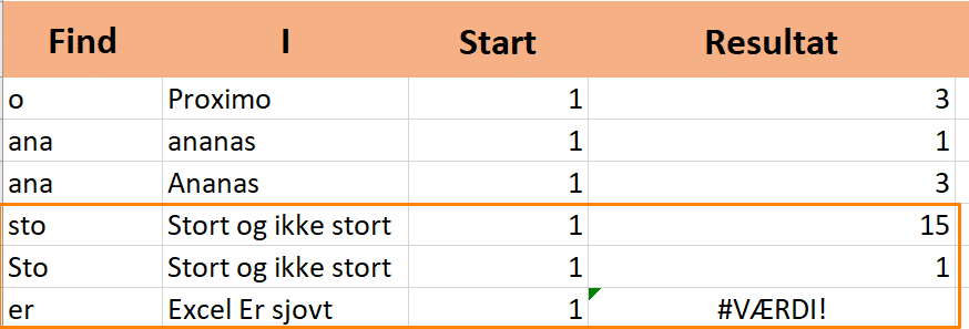 Flere eksempler på FIND Eksempler på udregning af FIND