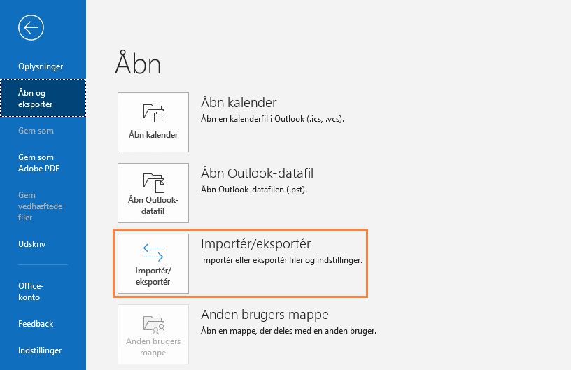 Eksempel på Importér/eksportér mails