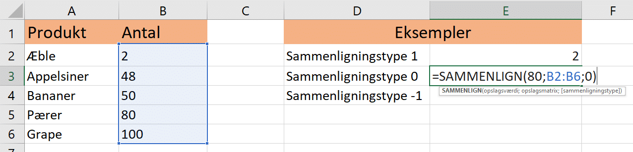 sammenligningstype 0 Eksempel på sammenligningstype 0