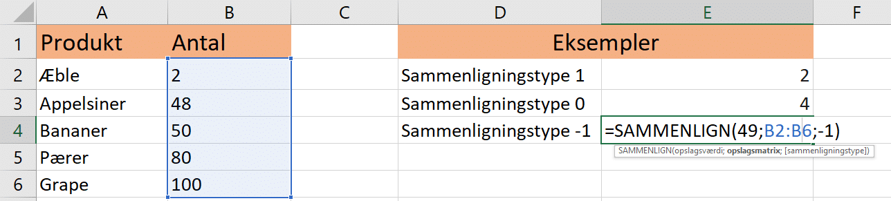 sammenligningstype -1 Eksempel på sammenligningstype -1