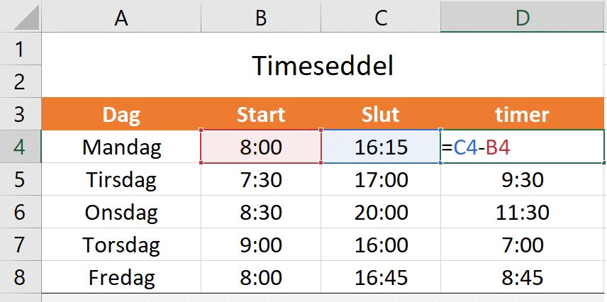 Arbejdstimer pr dag Eksempel på arbejdstimer pr dag