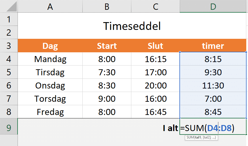 Autosum Eksempel med autosum