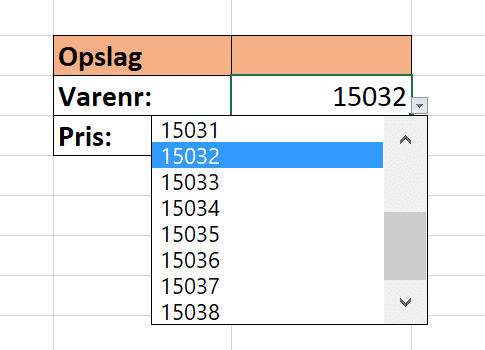 Eksempel på datavalidering / rullemenu