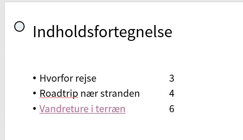 Screenshot_9 Eksempel på indholdsfortegnelse med link og sidetal i PowerPoint