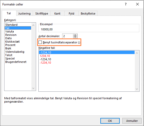 Afkryds 'Benyt tusindtalssparator'