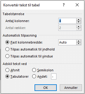 Dialogboks Konverter tekst til tabel