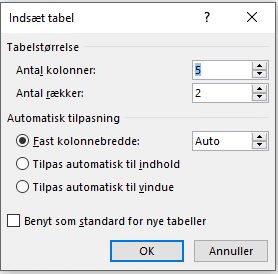 Dialogboks ved Indsæt tabel