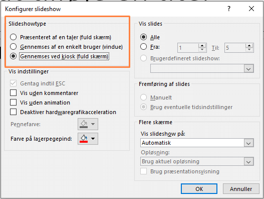 Konfigurer slideshow - Gennemses ved kiosk (fuld skærm).