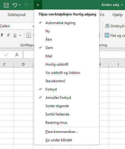 Eksempel på Tilpas værktøjslinjen Hurtig adgang