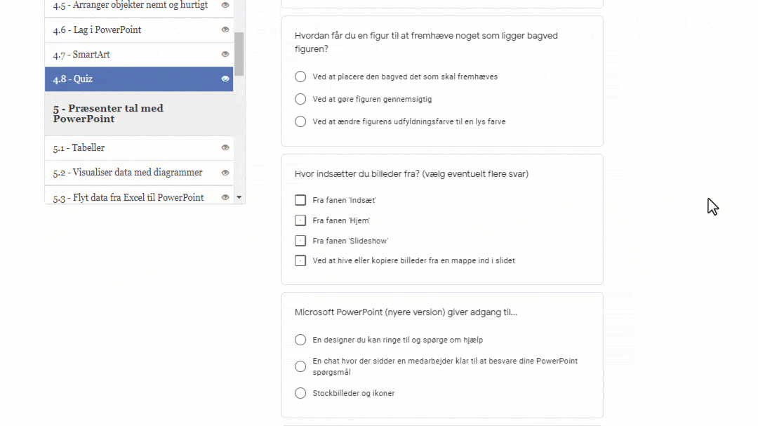 Preview af quiz i Grundlæggende PowerPoint