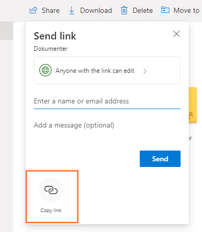 kopiér link OneDrive Eksempel på brug af OneDrive til store filer