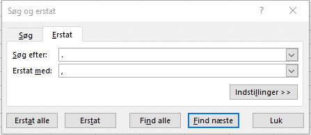søg og erstat . til , Erstat . til ,