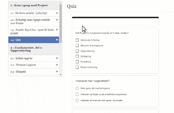 Preview af Quiz i Grundlæggende Project kursus