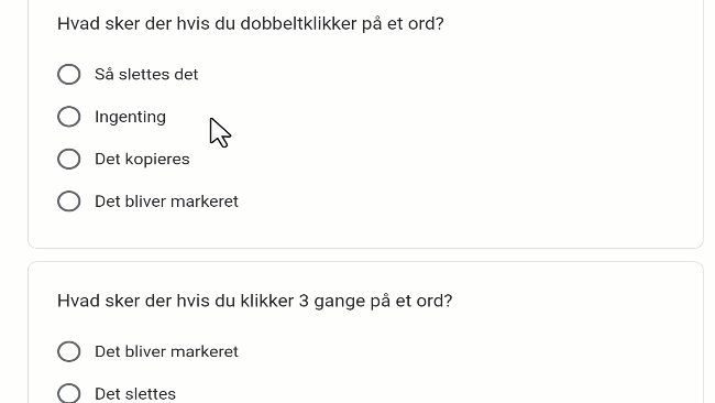 Preview af quiz i Grundlæggende Word