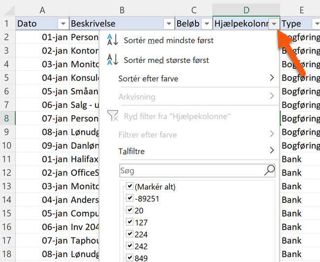 Indsæt filter til bankafstemning