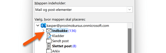 5 Vælg den eksisterende mappe i Microsoft Outlook som den nye mappe skal være en undermappe til