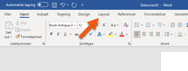 Klik på Layout for at ændre sideretning Klik på Layout for at ændre sideretning