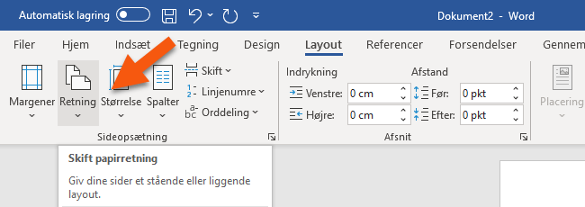 Skift papirretning i Word Skift papirretning i Word