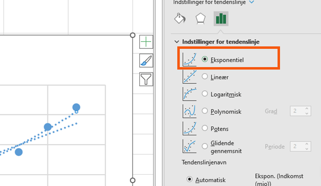 Her tilføjes en eksponentiel linje. Her tilføjes en eksponentiel linje.
