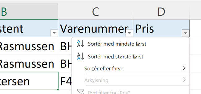 2 Hvis en kolonne indeholder tal eller tekst kan du sortere den via filterknapperne