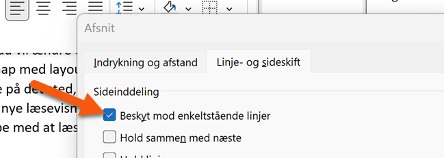 3 I fanen linje- og sideskift sæt hak ved 'beskyt mod enkeltstående linjer'