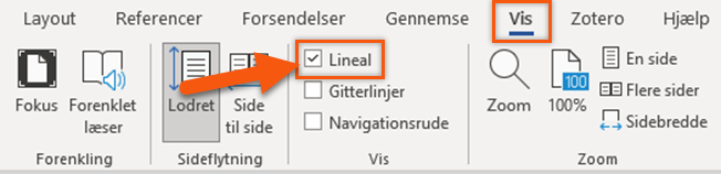 Klik på "Lineal" under fanen "Vis" for at få den vandrette lineal frem