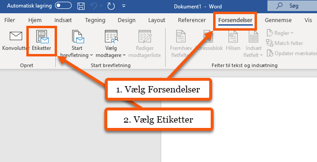 Vælg Etiketter under fanen Forsendelser. Vælg Etiketter under fanen Forsendelser.