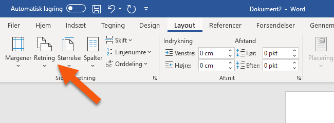 Klik på Retning i Word så sideretning passer til dit projekt Klik på Retning i Word så sideretning passer til dit projekt