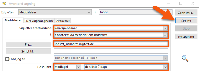 Den avancerede søgefunktion i Outlook som fx emnelinjen, dato, modtager