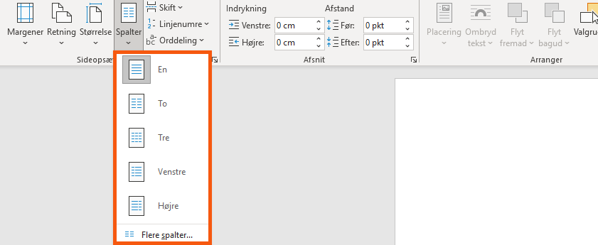 Word viser nu en liste med de muligheder der er for spalteopsætning Word viser nu en liste med de muligheder der er for spalteopsætning