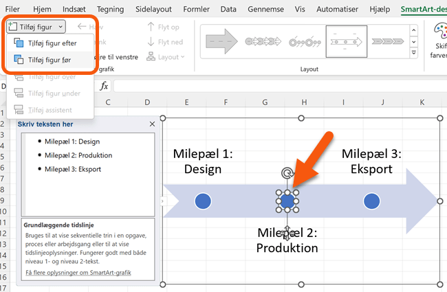 Indsæt begivenhed ved at markere en figur og vælge Tilføj figur efter eller Tilføj figur før
