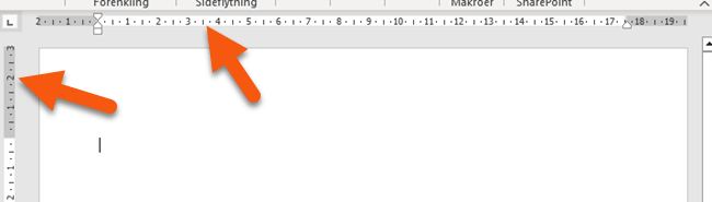 Du vil se en lineal i toppen og i venstre margen af dit dokument