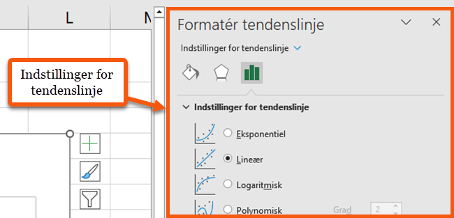 Indstillingerne åbnes i højre side af Excel. Indstillingerne åbnes i højre side af Excel.