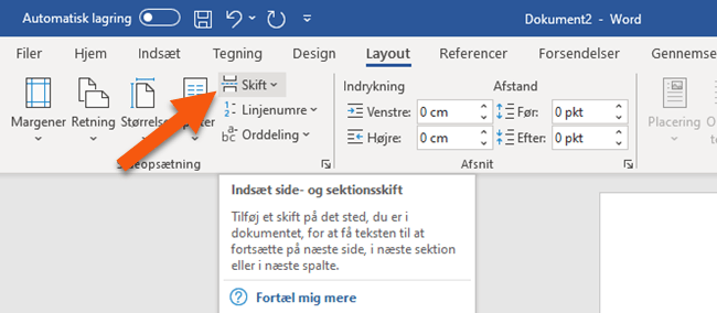 Klik på Sektionsskift for at indsætte dette Klik på Sektionsskift for at indsætte dette
