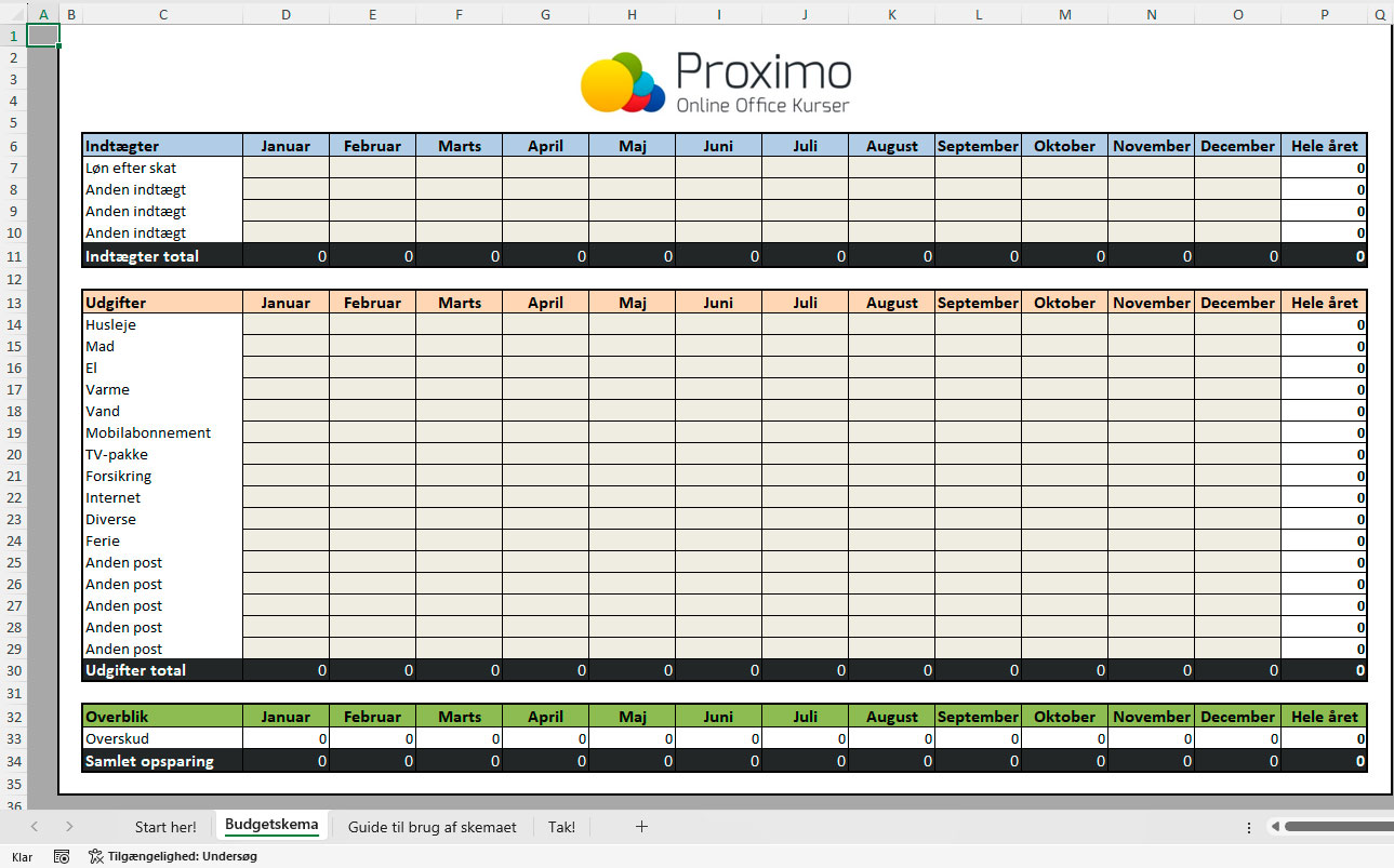 Budgetskema til Excel