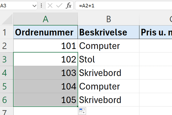 færdig formel fortløbende numre