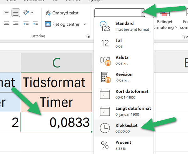 skift til klokkeslæt format